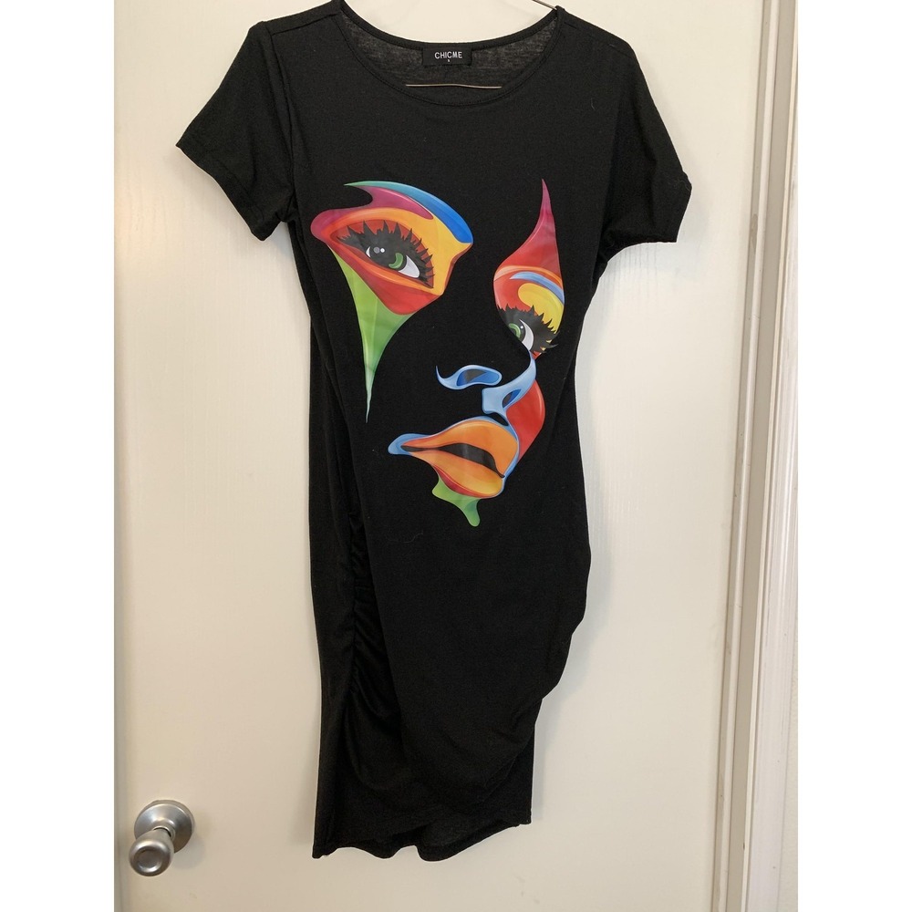 CHICME Dress Womens Small Black Graphic Face Art T Shirt Ruched Bodycon Casual